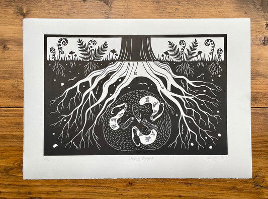 Sleeping badgers linocut print