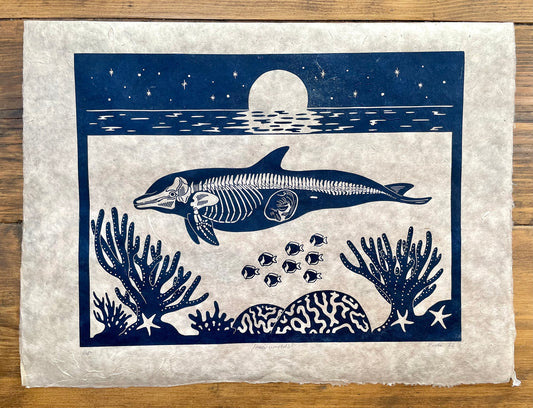 Dolphin anatomy linocut print