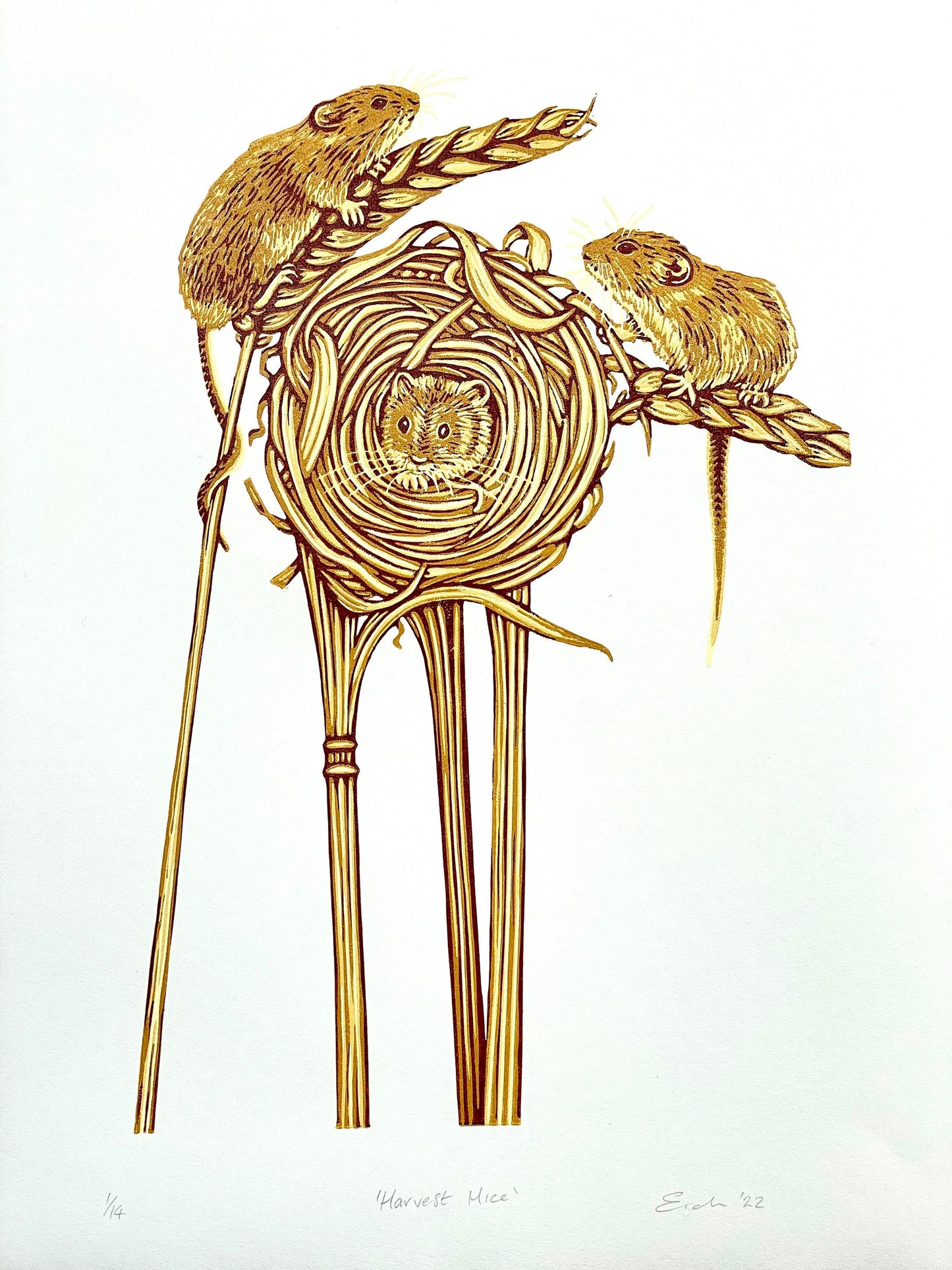 Harvest Mice linocut print