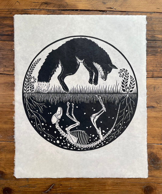 Fox skeleton linocut print