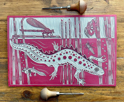 linocut print of great crested newt