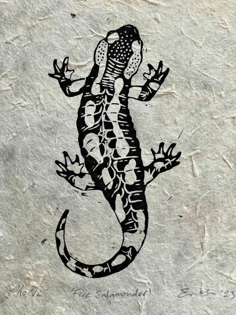 Fire salamander linocut print