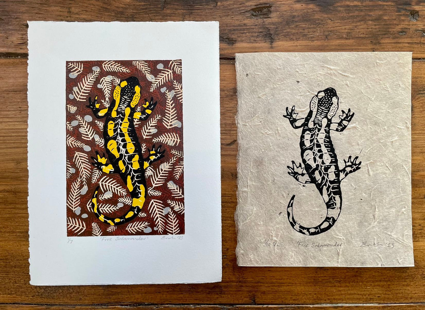 Fire salamander linocut print