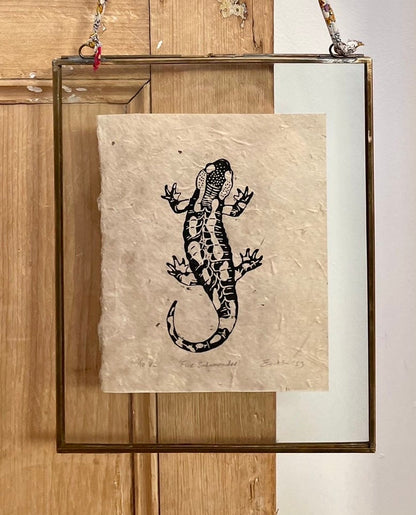 Fire salamander linocut print