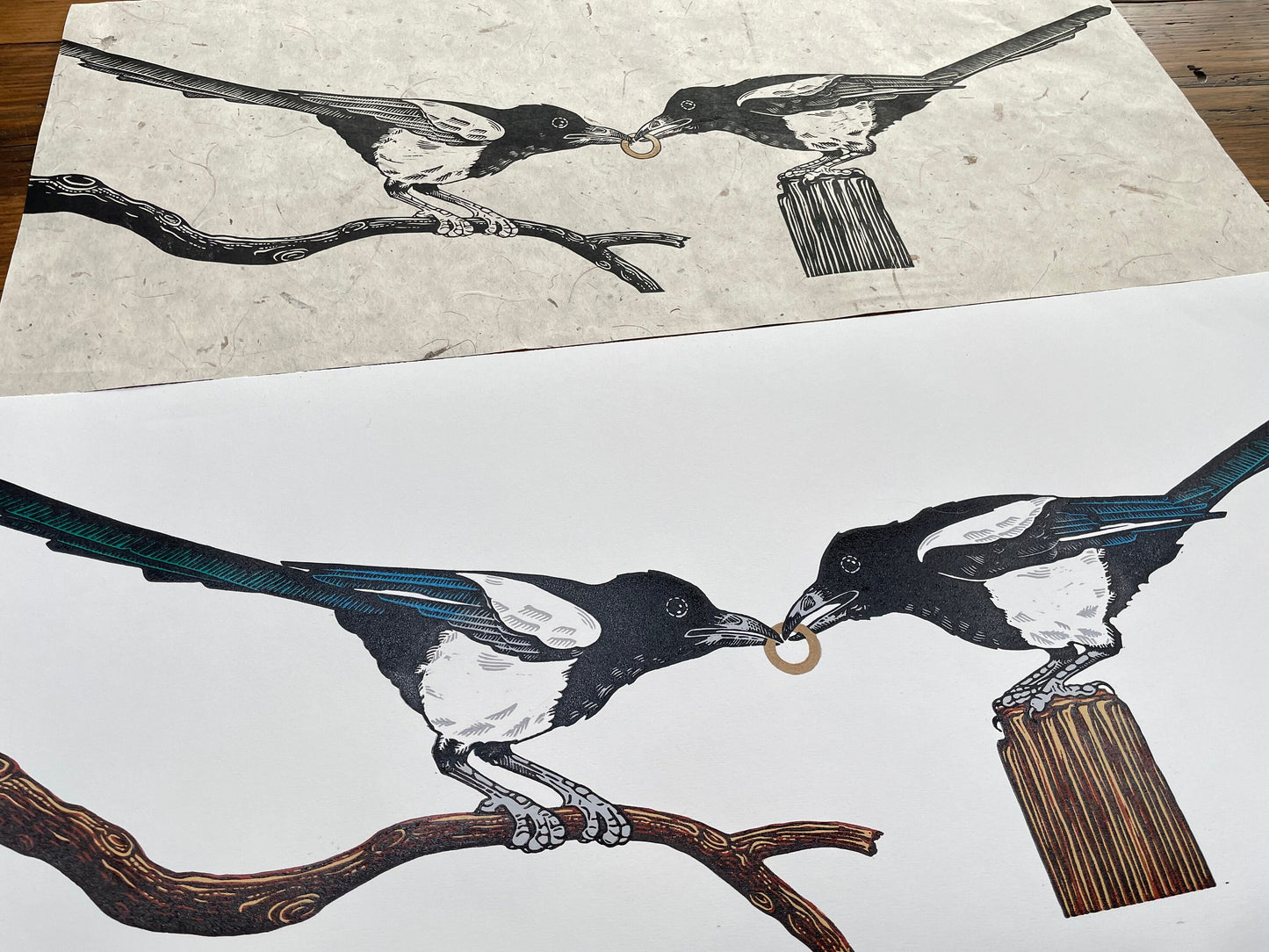 Magpie linocut print (colour)