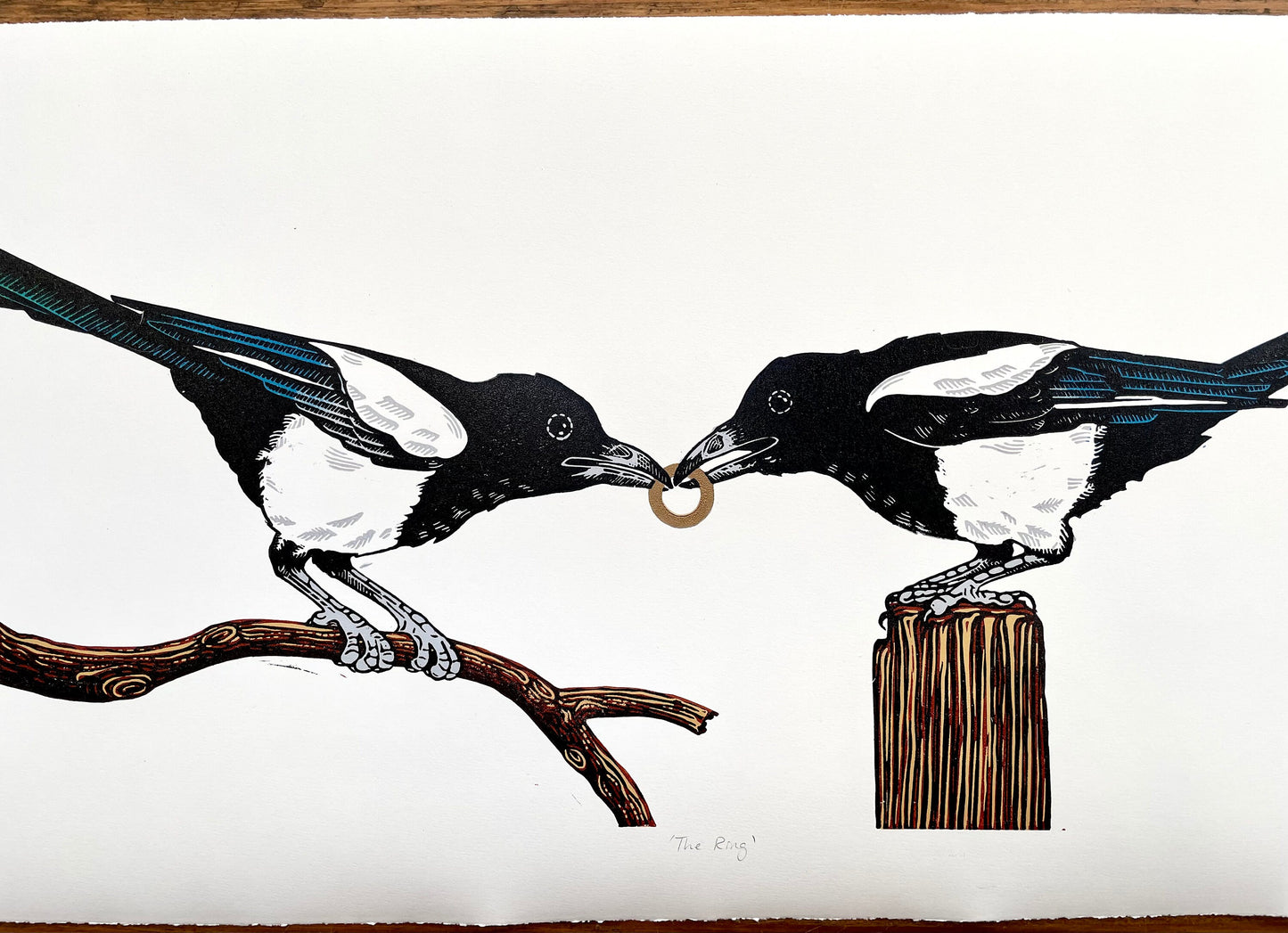 Magpie linocut print (colour)