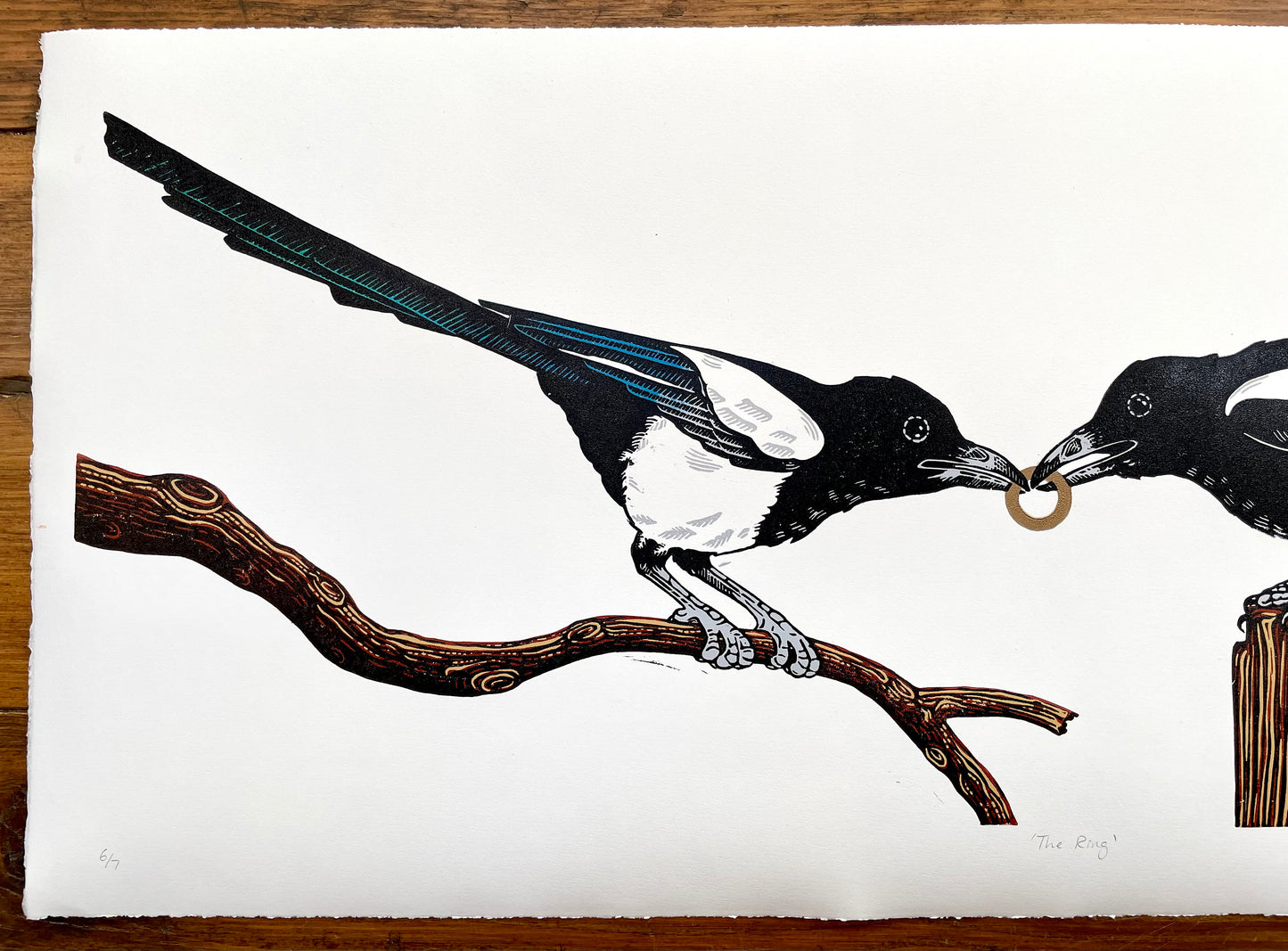 Magpie linocut print (colour)