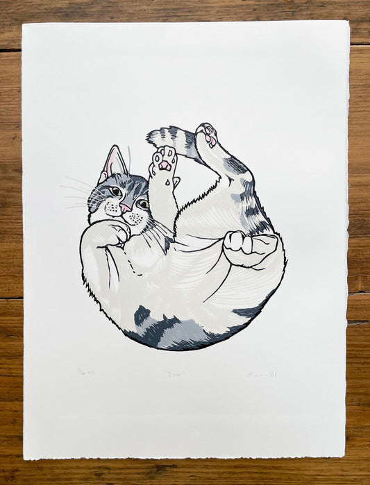 Tabby cat linocut print