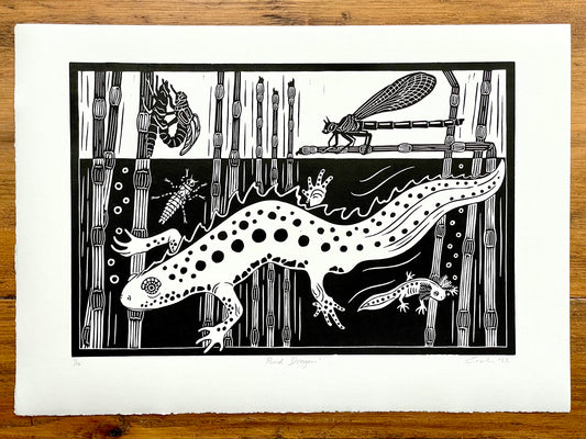 linocut print of great crested newt