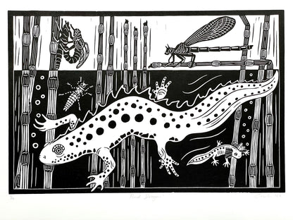 linocut print of great crested newt