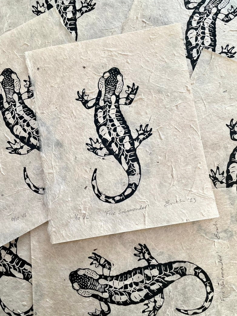 Fire salamander linocut print