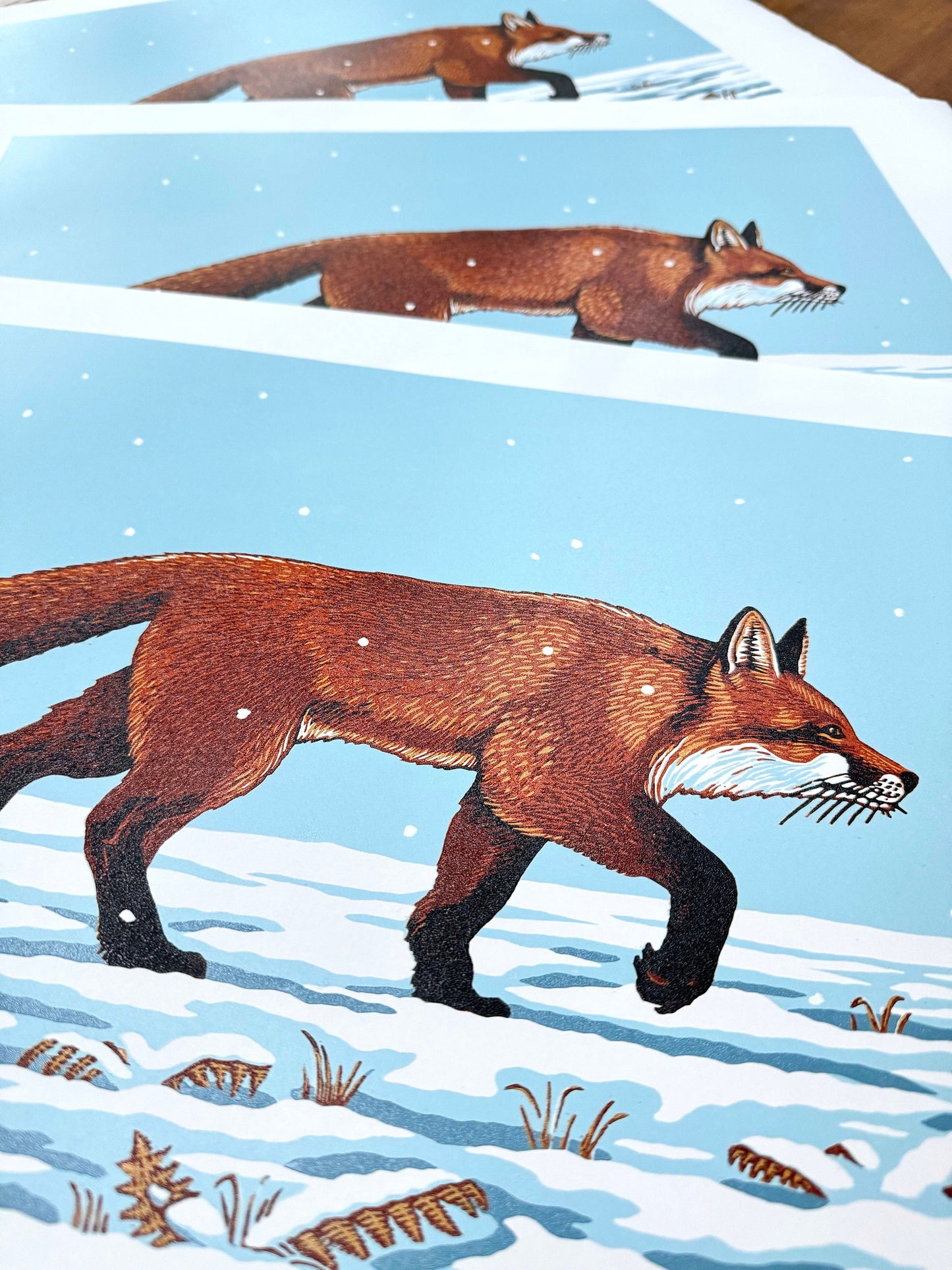 Fox in snow linocut print