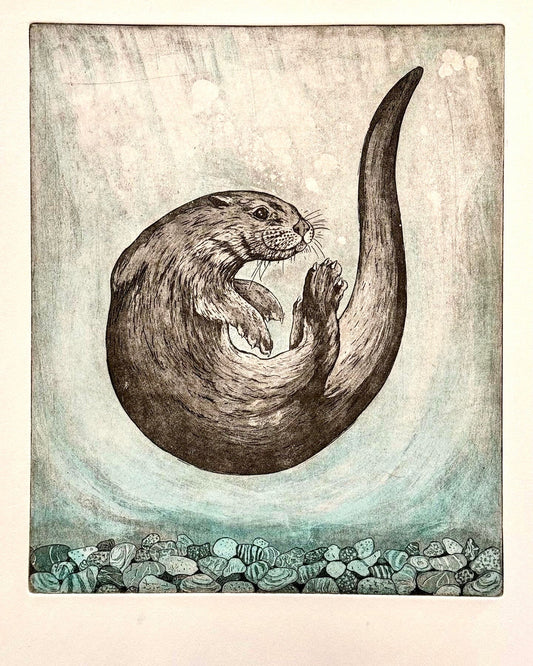 Otter aquatint etching with blue wash