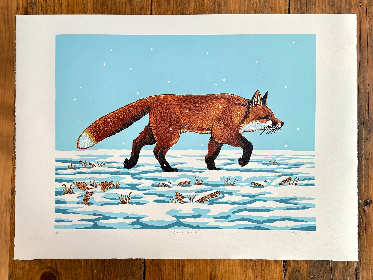 Fox in snow linocut print