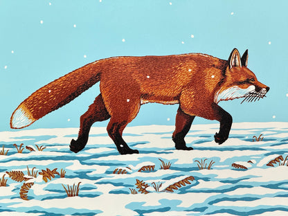 Fox in snow linocut print