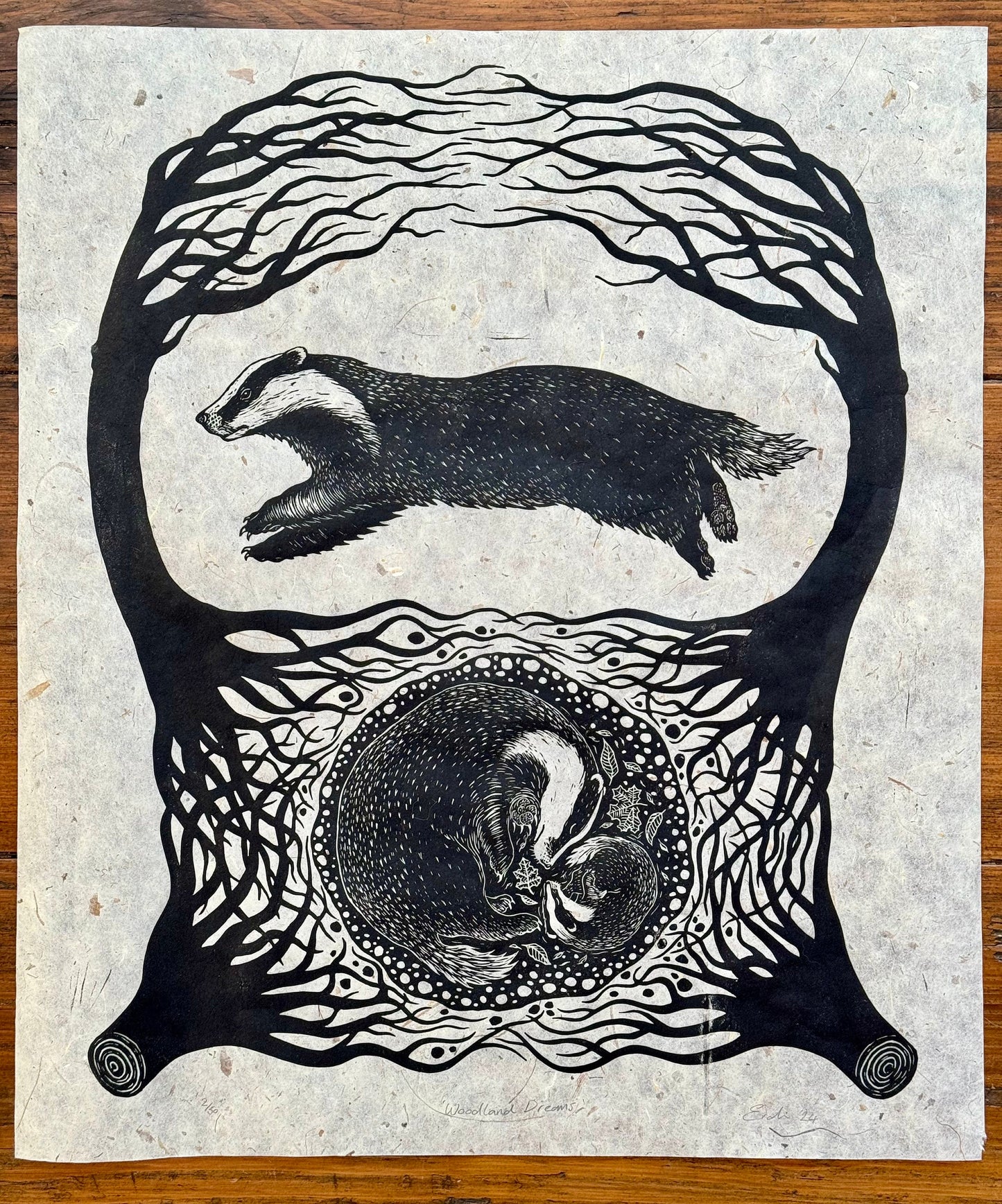 Woodland Dreams - badger linocut print