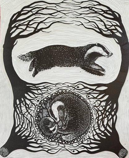 Woodland Dreams - badger linocut print