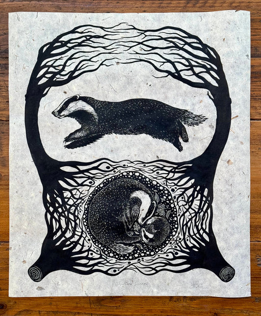 Woodland Dreams - badger linocut print