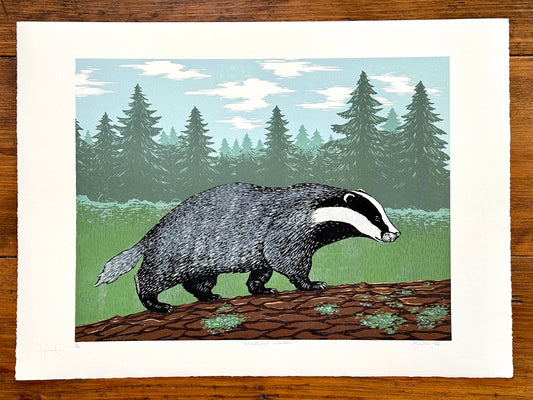 Woodland Badger linocut print