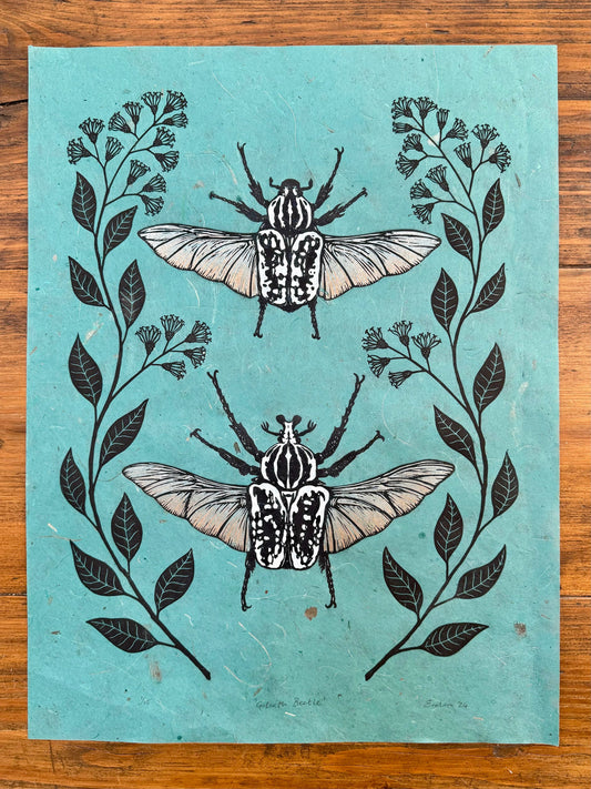 Goliath Beetle linocut print - turquoise