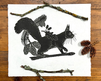 Red squirrel linocut print