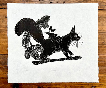 Red squirrel linocut print