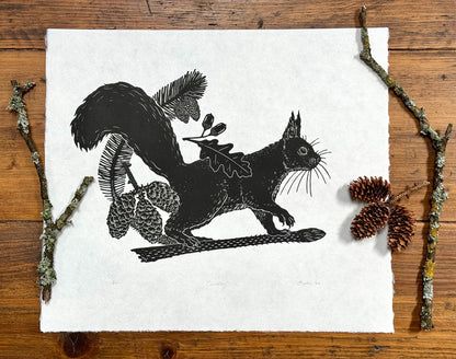 Red squirrel linocut print