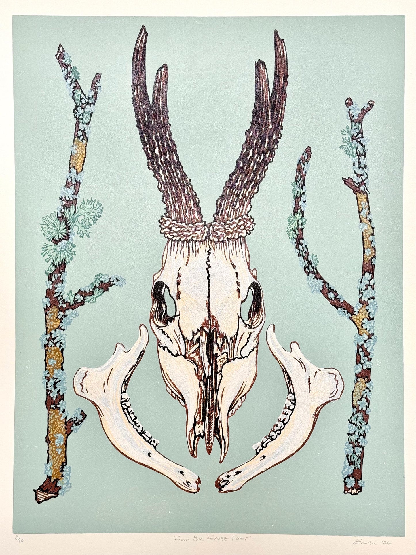 From the Forest Floor- Deer skull linocut print