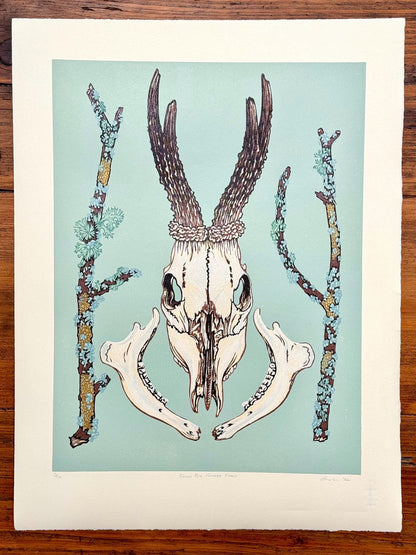 From the Forest Floor- Deer skull linocut print