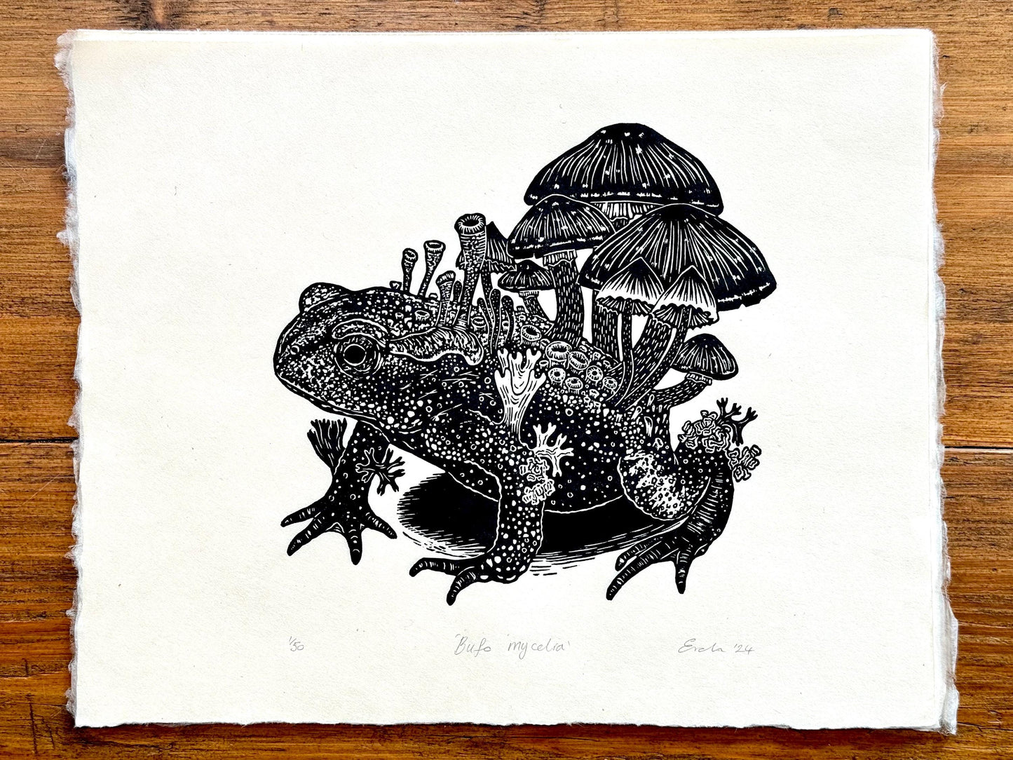 Mushroom toad linocut print