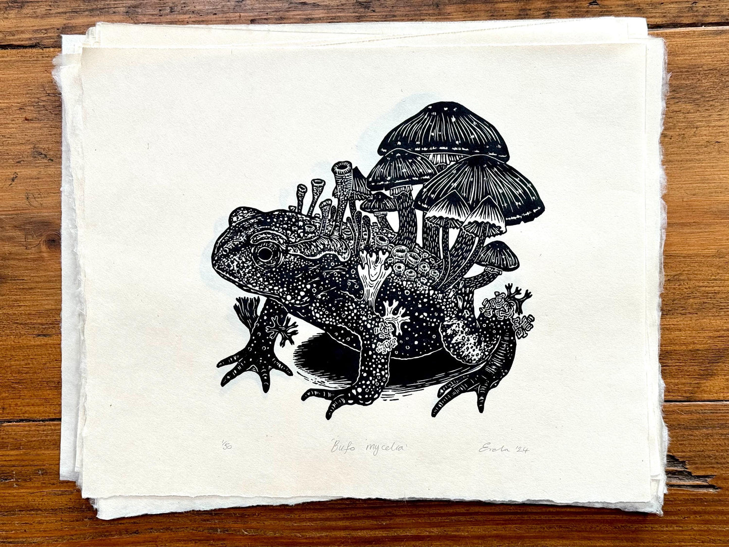 Mushroom toad linocut print