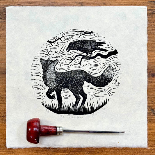 The Trickster fox and crow wood engraving