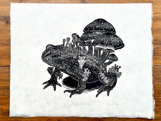 Mushroom toad linocut print