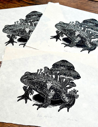 Mushroom toad linocut print