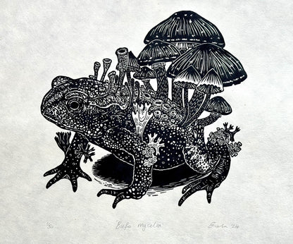 Mushroom toad linocut print