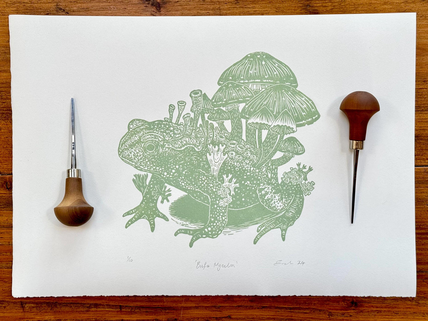 Mushroom toad linocut print (lichen green)