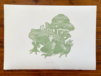 Mushroom toad linocut print (lichen green)