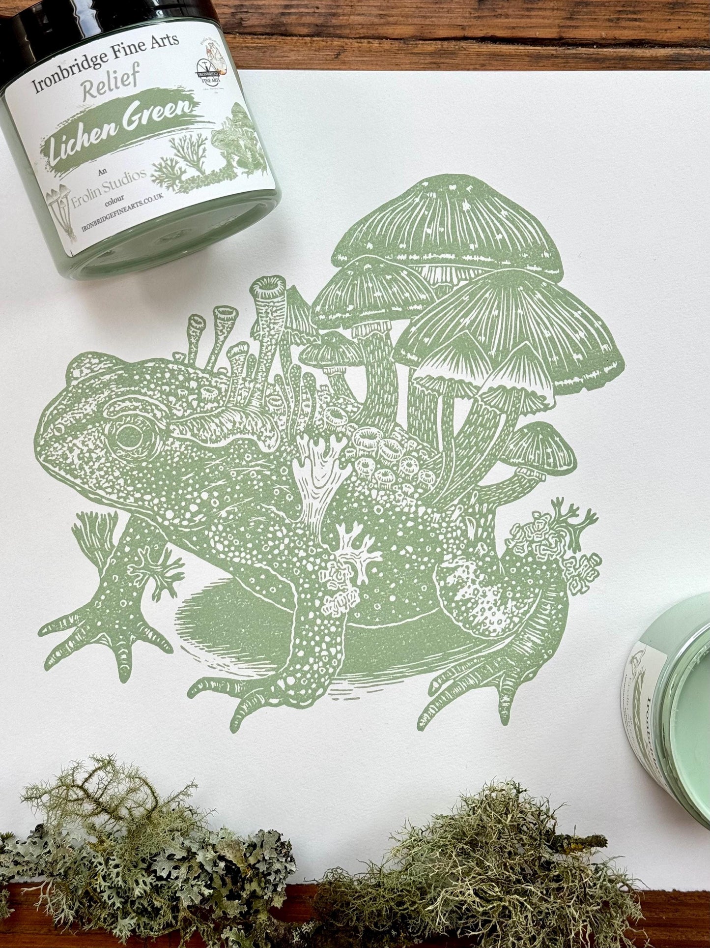 Mushroom toad linocut print (lichen green)