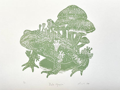 Mushroom toad linocut print (lichen green)