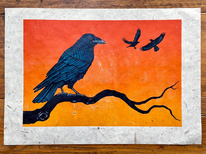 Sunset Raven linocut print