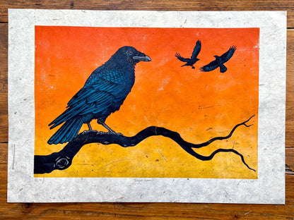 Sunset Raven linocut print