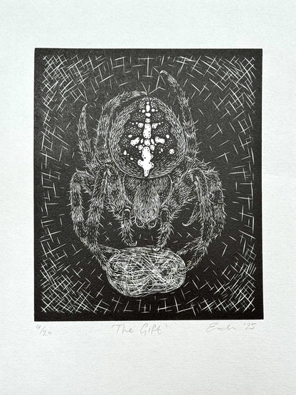 Original wood engraving print of a spider and fly