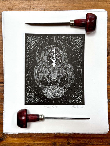 Original wood engraving print of a spider and fly