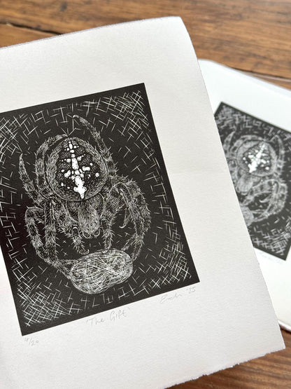 Original wood engraving print of a spider and fly
