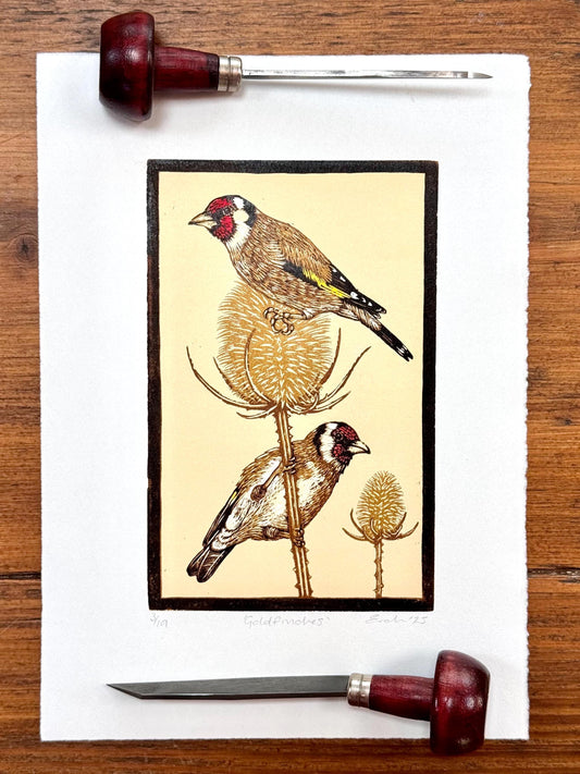 Goldfinches - hand printed original wood engraving