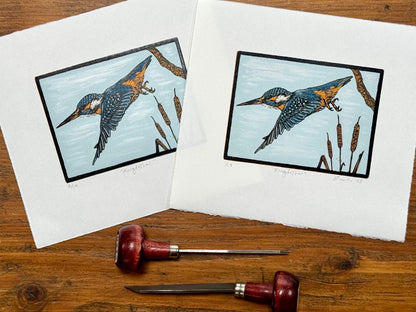 Kingfisher - hand printed original wood engraving