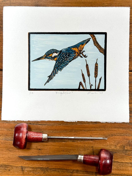 Kingfisher - hand printed original wood engraving