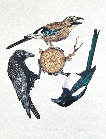 Family Circle - original linocut print of three corvids