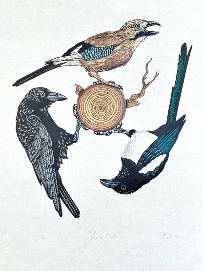Family Circle - original linocut print of three corvids