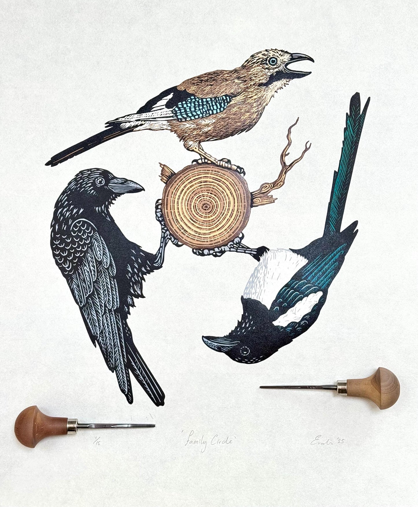 Family Circle - original linocut print of three corvids